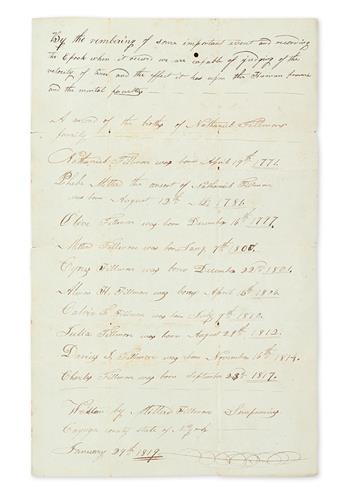 FILLMORE, MILLARD. Two Autograph Manuscripts Signed, five times, statements concerning the genealogy of his fathers family.